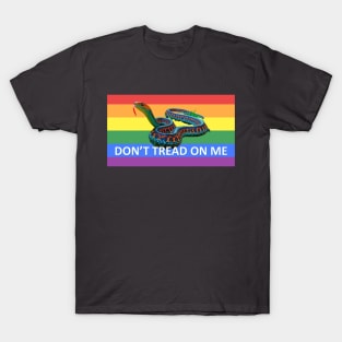 Gay Pride LGBTQ Rainbow Snake Don't Tread on Me white letters T-Shirt